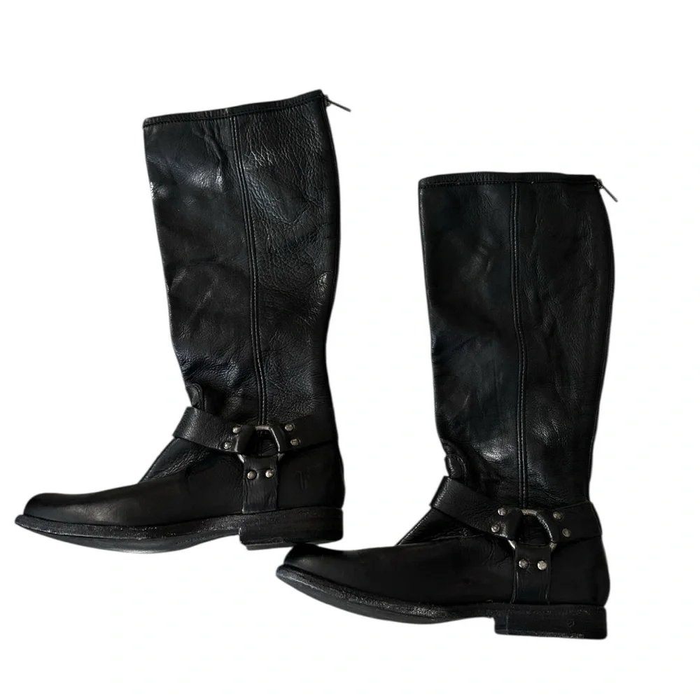 FRYE Zip Back Moto‎ Boot Black Leather Women's Boots 7.5